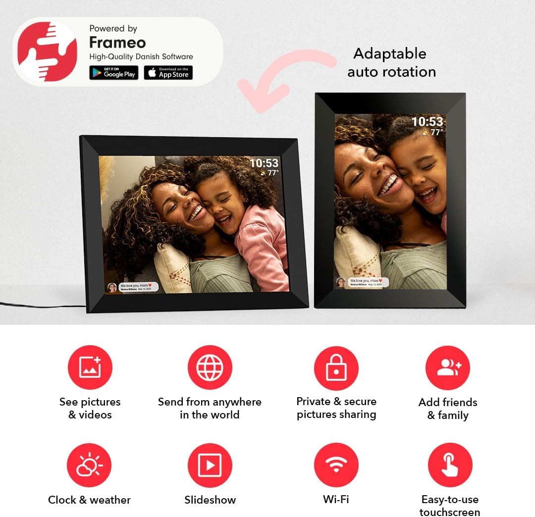 Frameo 10.1 Inch Wifi Digital Picture Frame with 32GB Storage,1280 * 800P IPS HD Touch Screen,Send Photos/Videos from Your Phone Anywhere, Photo Gifts for Parents and Grandparents