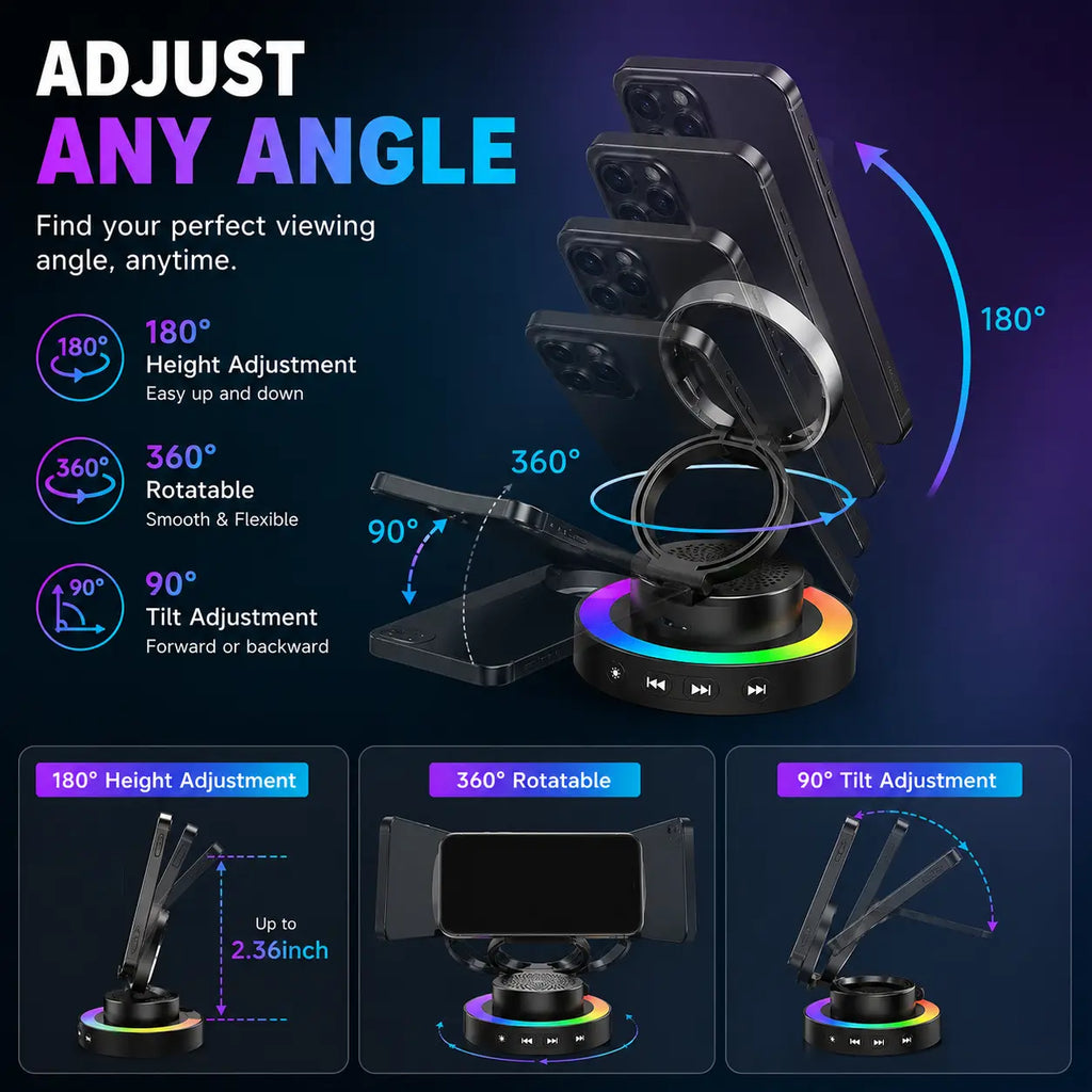 Wireless Speaker Phone Stand with BT Speaker Power Bank RGB Light Foldable for All Phones Bluetooth 5.3 Technology Adjustable Stand Vibrant Ambient Lighting Perfect Gift Choice Tiktokshopspringglowup