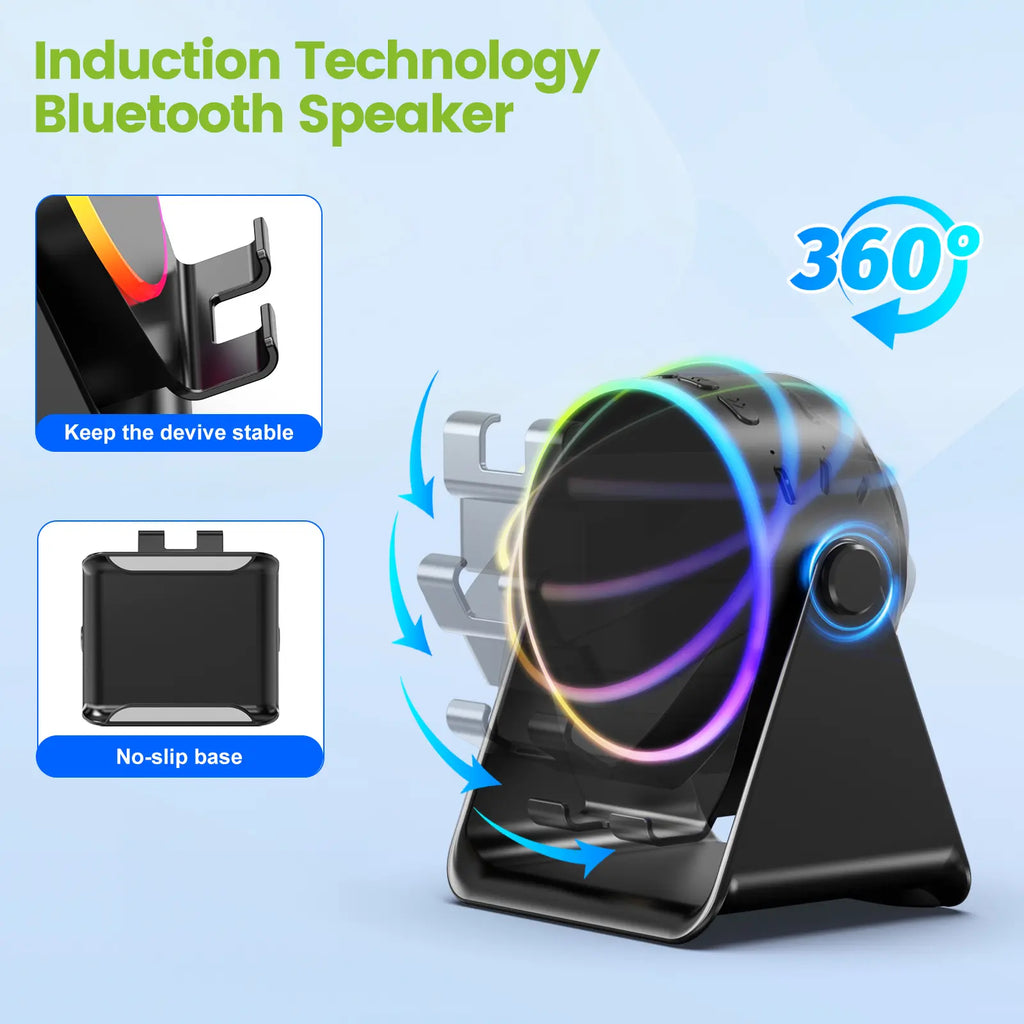 [Mother'S Day Gift] Dohelly 5 in 1 Wireless Induction Audio Bluetooth Speaker, 360° Rotation Stand with LED, Universal Speaker Stands for Surround Sound&Charger,Portable Desktop Stand Gift for Home, Shower, Outdoors, Travel. Gifts for Men Women
