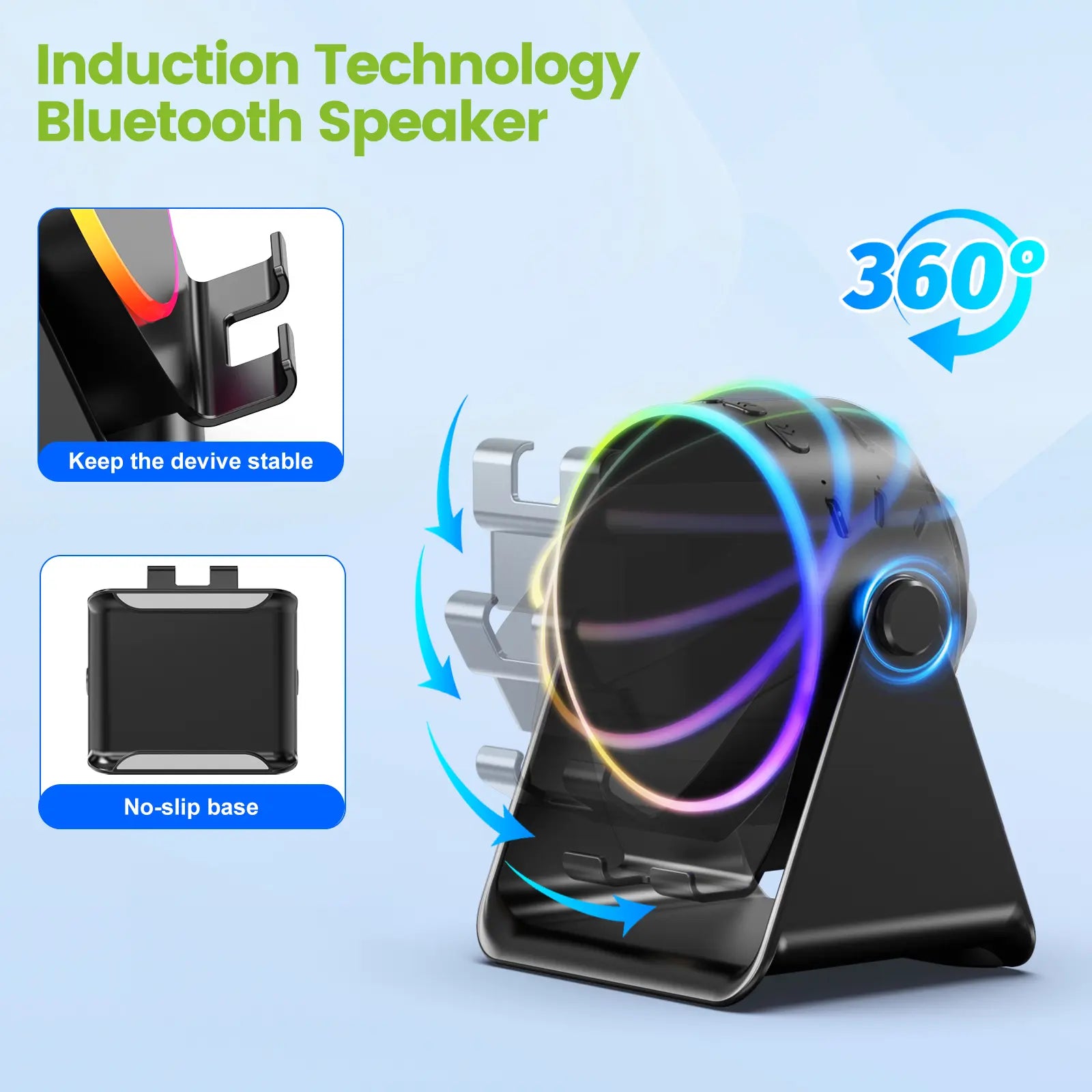 [Mother'S Day Gift] Dohelly 5 in 1 Wireless Induction Audio Bluetooth Speaker, 360° Rotation Stand with LED, Universal Speaker Stands for Surround Sound&Charger,Portable Desktop Stand Gift for Home, Shower, Outdoors, Travel. Gifts for Men Women