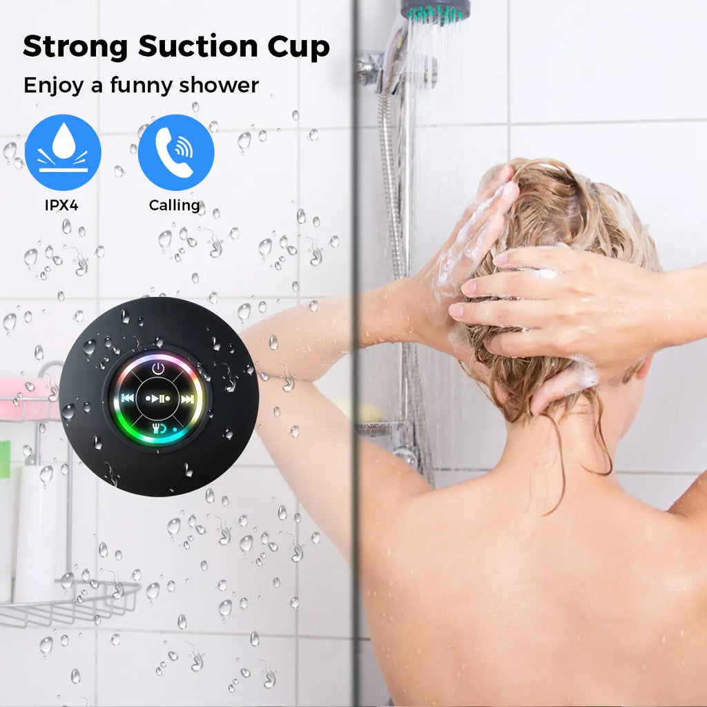 Portable Waterproof Bluetooth Speaker with Suction Cup and LED Lights - Rechargeable Wireless Speaker for Home, Bathroom, and Outdoor Use - Hands-Free Operation - Black