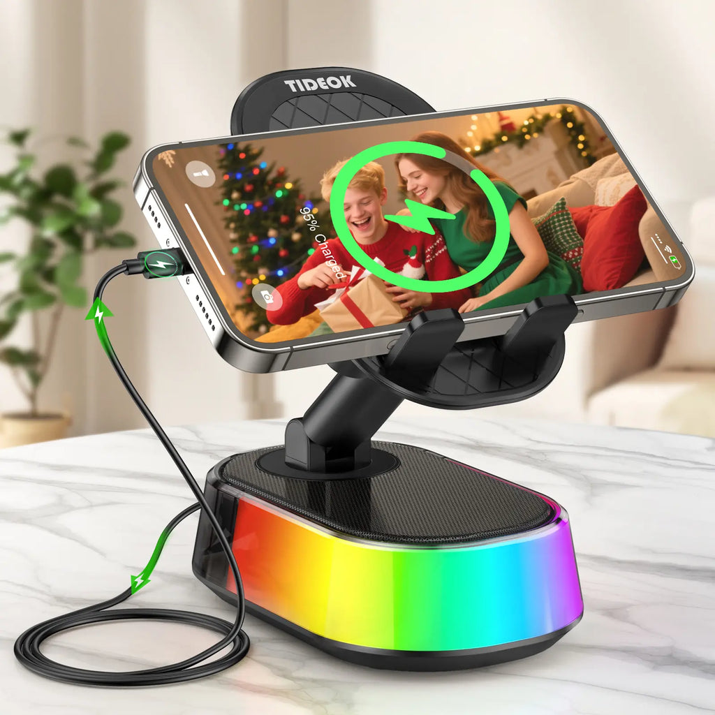 TIDEOK Wireless Bluetooth Speaker with Phone Holder, Emergency Charging, Smart Sensing, Colorful Ambient Lighting, 9D HD Surround Sound, Foldable and Rotatable Design for iPhone and Android Devices