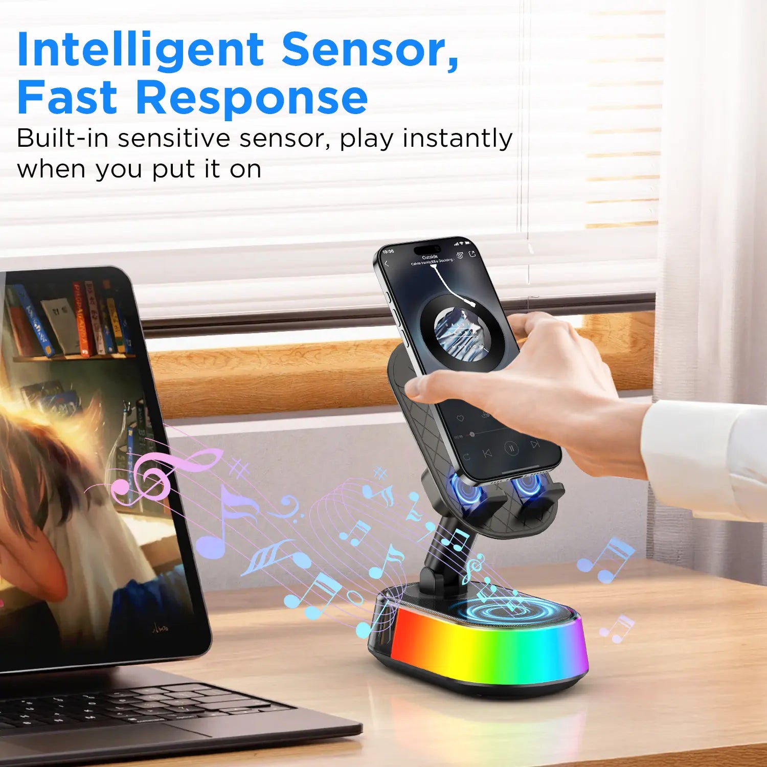 TIDEOK Wireless Bluetooth Speaker with Phone Holder, Emergency Charging, Smart Sensing, Colorful Ambient Lighting, 9D HD Surround Sound, Foldable and Rotatable Design for iPhone and Android Devices