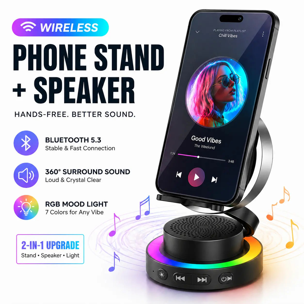 Wireless Speaker Phone Stand with BT Speaker Power Bank RGB Light Foldable for All Phones Bluetooth 5.3 Technology Adjustable Stand Vibrant Ambient Lighting Perfect Gift Choice Tiktokshopspringglowup
