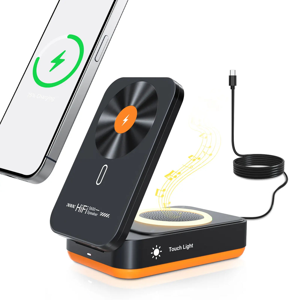 BLKE 3-in-1 Magnetic Wireless Charger with Bluetooth Speaker and Sleep-Friendly Light for iPhone 12-17 Pro Max - Multifunctional Foldable Charging Station
