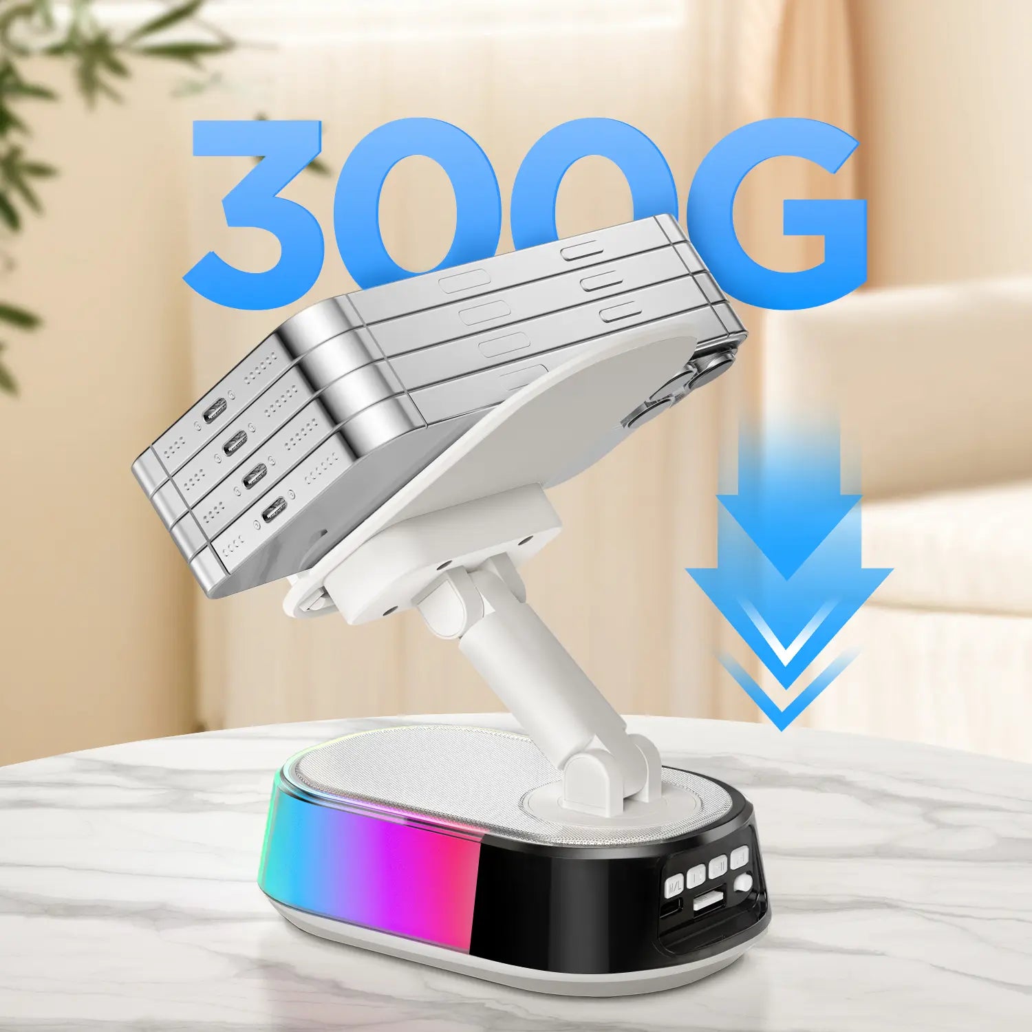 TIDEOK Wireless Induction Bluetooth Speaker with Integrated Phone Holder, Emergency Charging, Smart Sensing Technology, RGB Nightlight, and Audio Wireless 5.3 for Tablets, iPhones, and Android Devices - Portable Speaker for Outdoor and Home Use