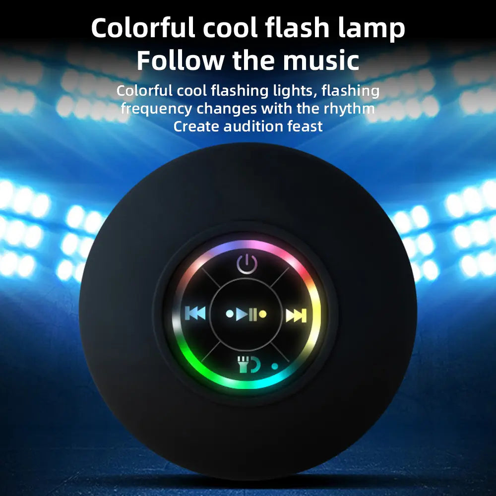 Portable Waterproof Bluetooth Speaker with Suction Cup and LED Lights - Rechargeable Wireless Speaker for Home, Bathroom, and Outdoor Use - Hands-Free Operation - Black