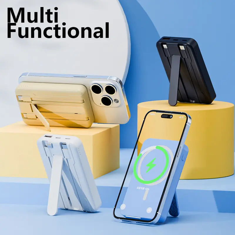 4-In-1 Bracket Magnetic Power Bank with Built-In Cable-Power Bank with Built-In Cable-Magnetic Power Bank 10000Mah with Phone Holder Wireless Portable Charger USB-C Cable Compatible Iphone 12 13 14 15 plus Pro Max Series
