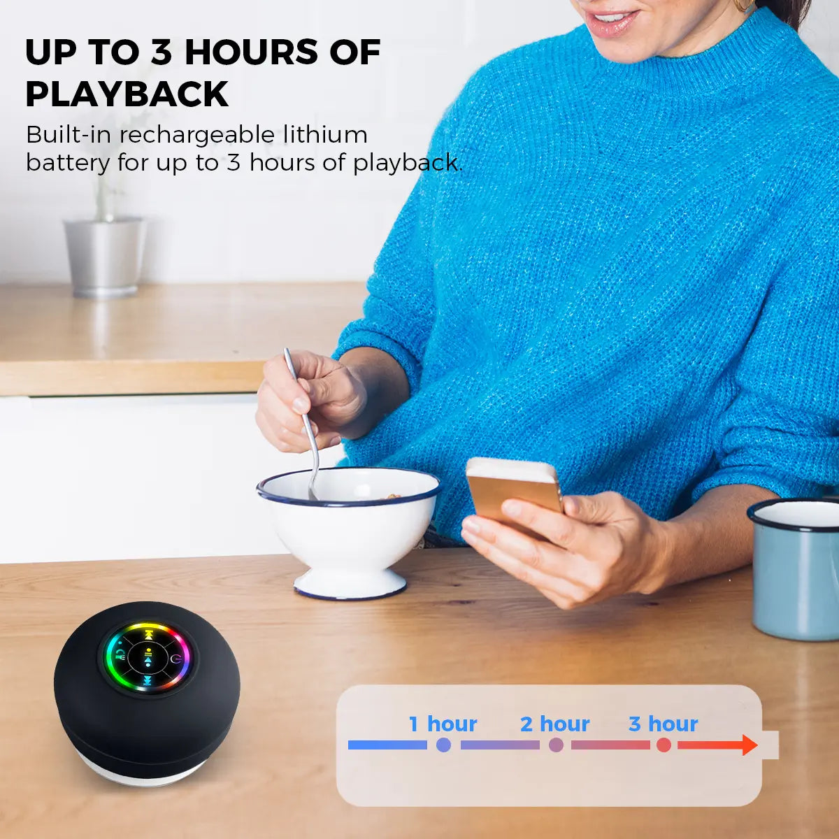 Portable Waterproof Bluetooth Speaker with Suction Cup and LED Lights - Rechargeable Wireless Speaker for Home, Bathroom, and Outdoor Use - Hands-Free Operation - Black