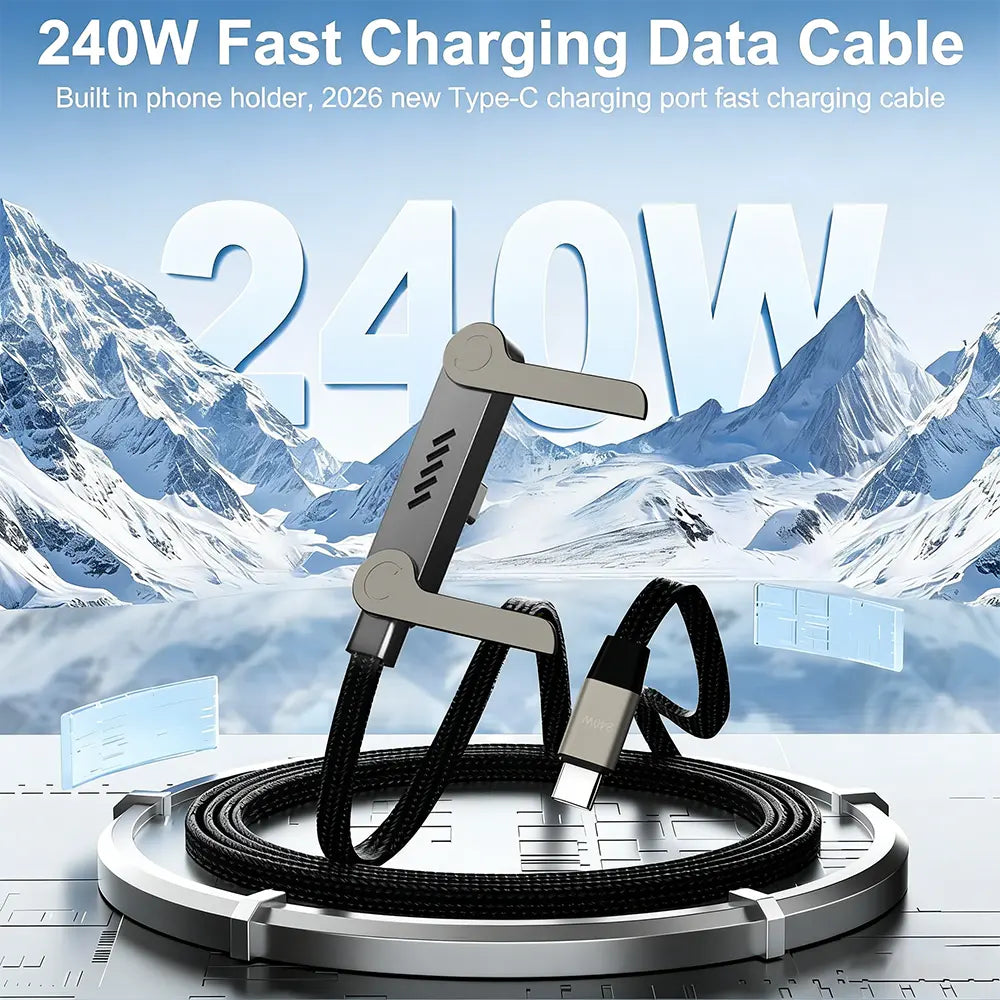 2026 New Type-C Fast Charging Cable with Stand, 240W Multi-Functional Braided Fast Charger Cord, Foldable Phone Holder for Gaming/Office/Car/Travel