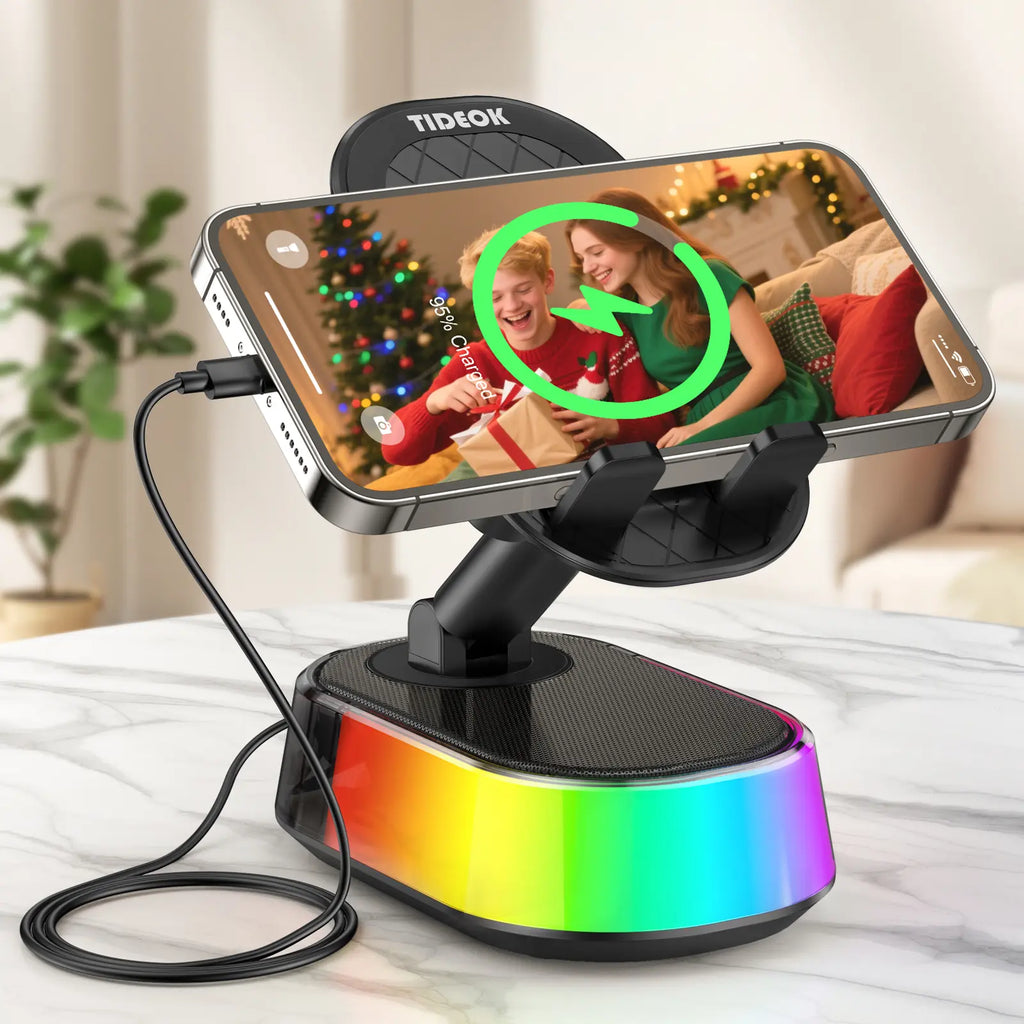 TIDEOK Wireless Induction Bluetooth Speaker with Integrated Phone Holder, Emergency Charging, Smart Sensing Technology, RGB Nightlight, and Audio Wireless 5.3 for Tablets, iPhones, and Android Devices - Portable Speaker for Outdoor and Home Use