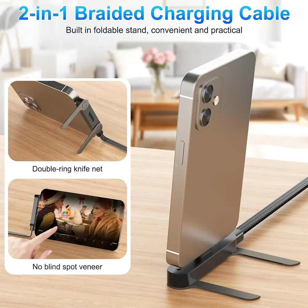 2026 New Type-C Fast Charging Cable with Stand, 240W Multi-Functional Braided Fast Charger Cord, Foldable Phone Holder for Gaming/Office/Car/Travel
