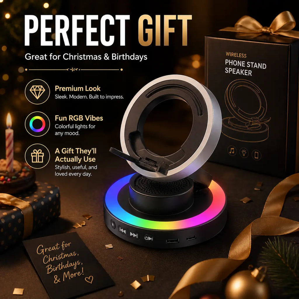 Wireless Speaker Phone Stand with BT Speaker Power Bank RGB Light Foldable for All Phones Bluetooth 5.3 Technology Adjustable Stand Vibrant Ambient Lighting Perfect Gift Choice Tiktokshopspringglowup