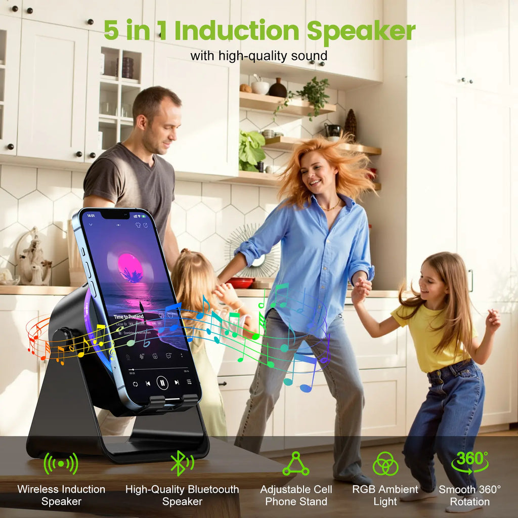 [Mother'S Day Gift] Dohelly 5 in 1 Wireless Induction Audio Bluetooth Speaker, 360° Rotation Stand with LED, Universal Speaker Stands for Surround Sound&Charger,Portable Desktop Stand Gift for Home, Shower, Outdoors, Travel. Gifts for Men Women