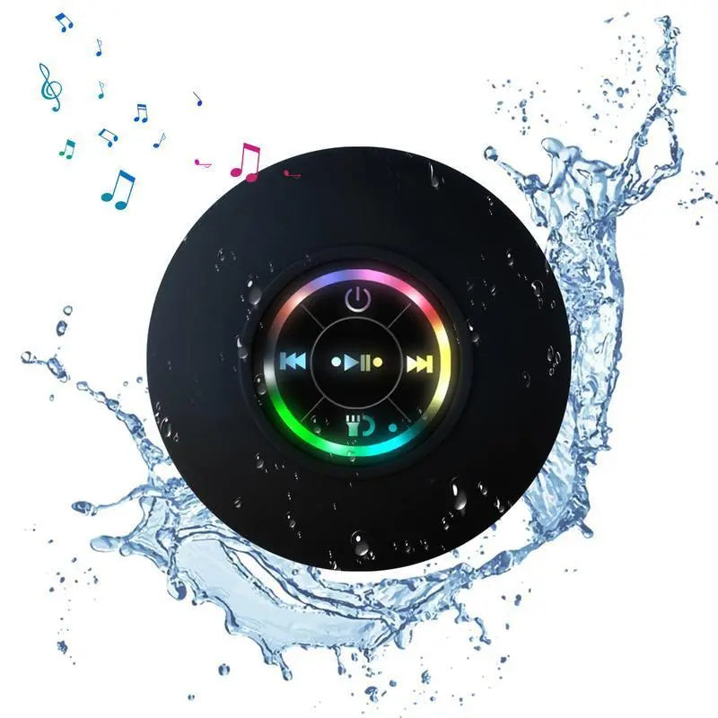 Portable Waterproof Bluetooth Speaker with Suction Cup and LED Lights - Rechargeable Wireless Speaker for Home, Bathroom, and Outdoor Use - Hands-Free Operation - Black