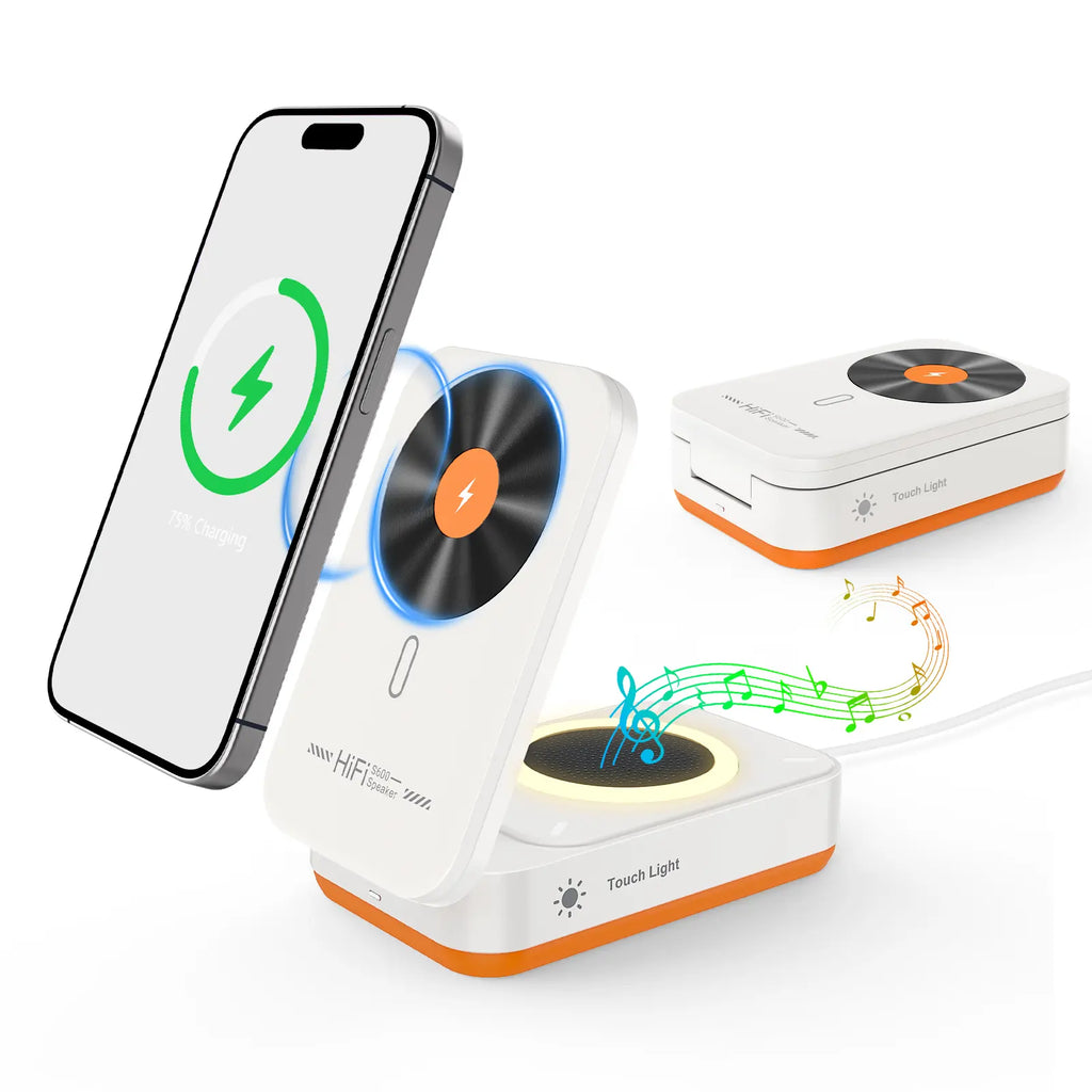 BLKE 3-in-1 Magnetic Wireless Charger with Bluetooth Speaker and Sleep-Friendly Light for iPhone 12-17 Pro Max - Multifunctional Foldable Charging Station