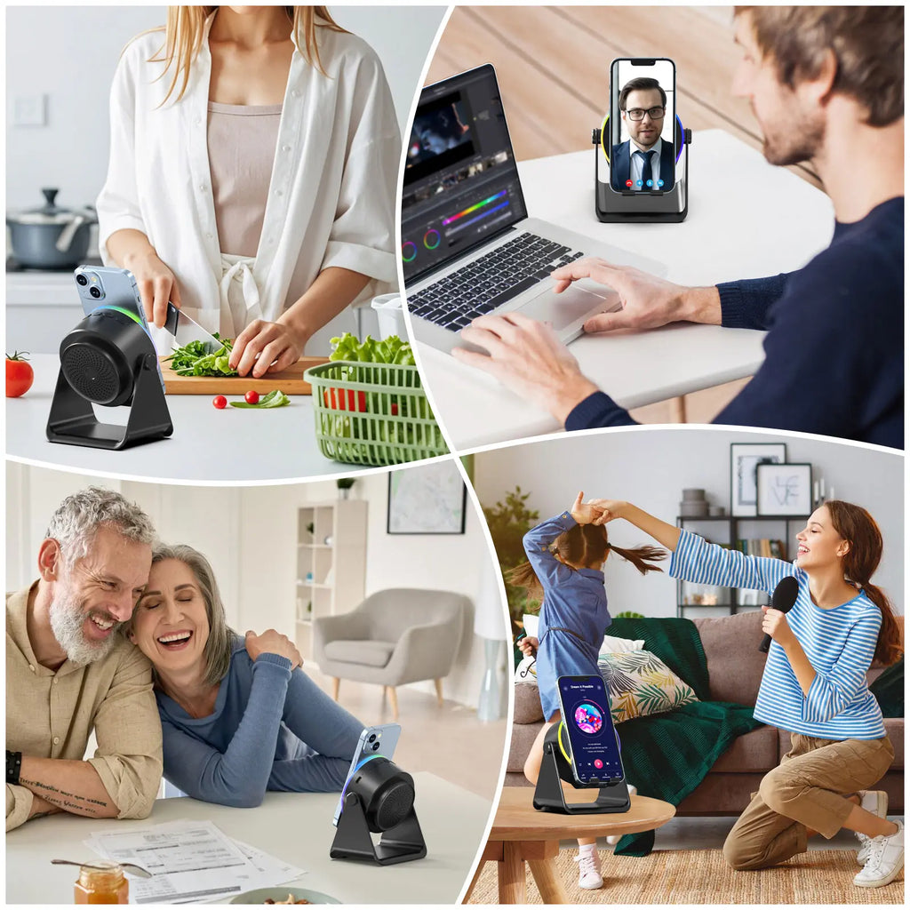 [Mother'S Day Gift] Dohelly 5 in 1 Wireless Induction Audio Bluetooth Speaker, 360° Rotation Stand with LED, Universal Speaker Stands for Surround Sound&Charger,Portable Desktop Stand Gift for Home, Shower, Outdoors, Travel. Gifts for Men Women