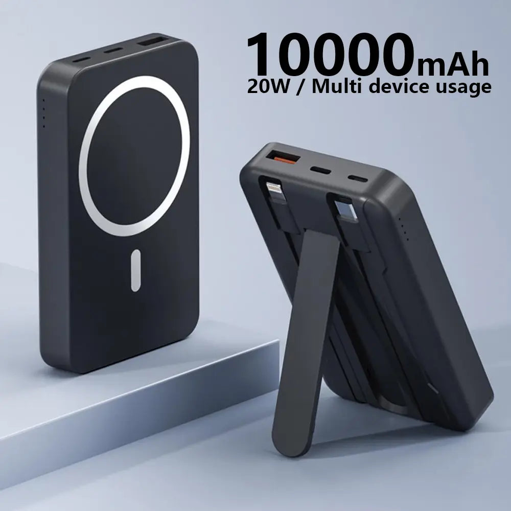 4-In-1 Bracket Magnetic Power Bank with Built-In Cable-Power Bank with Built-In Cable-Magnetic Power Bank 10000Mah with Phone Holder Wireless Portable Charger USB-C Cable Compatible Iphone 12 13 14 15 plus Pro Max Series