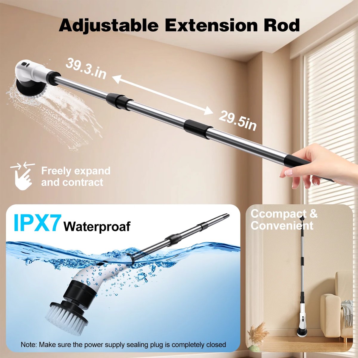 Electric Spin Scrubber Cordless - Power Scrubber for Shower Cleaning, Bathroom Scrub Brush with 7 Replaceable Brush Heads & Extendable Handle, 2-Speed Electric Cleaner