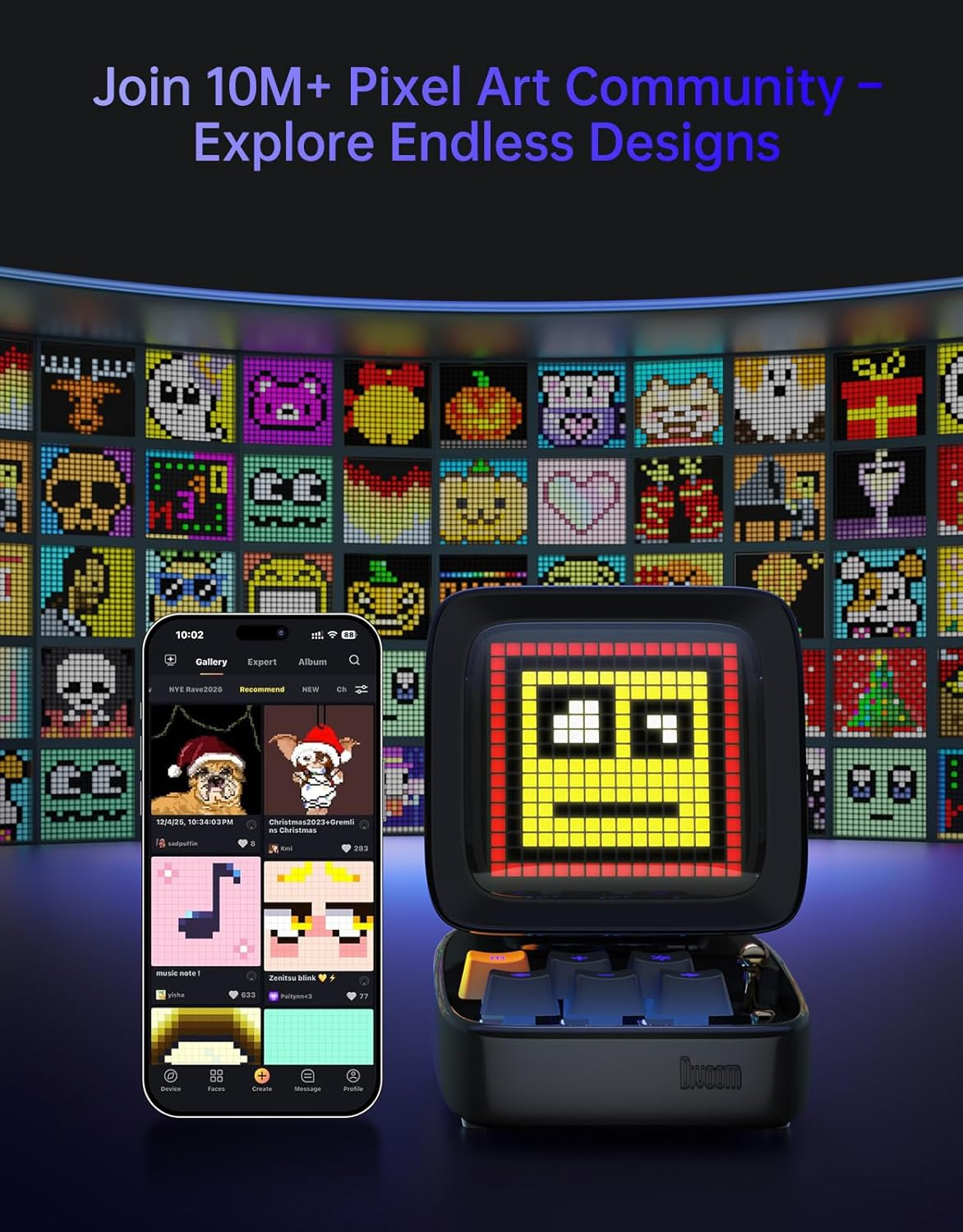 Ditoo Retro Pixel Art Game Bluetooth Speaker with 16X16 LED App Controlled Front Screen (Black)