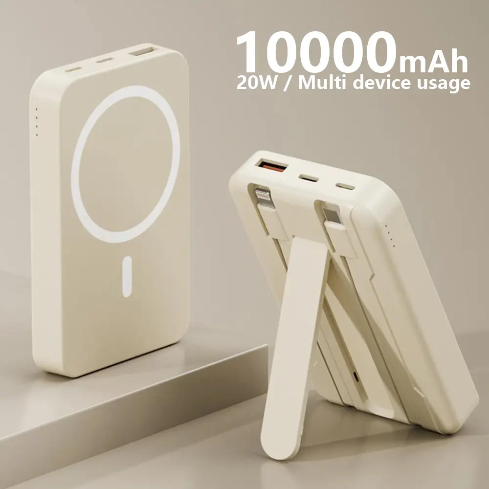 4-In-1 Bracket Magnetic Power Bank with Built-In Cable-Power Bank with Built-In Cable-Magnetic Power Bank 10000Mah with Phone Holder Wireless Portable Charger USB-C Cable Compatible Iphone 12 13 14 15 plus Pro Max Series