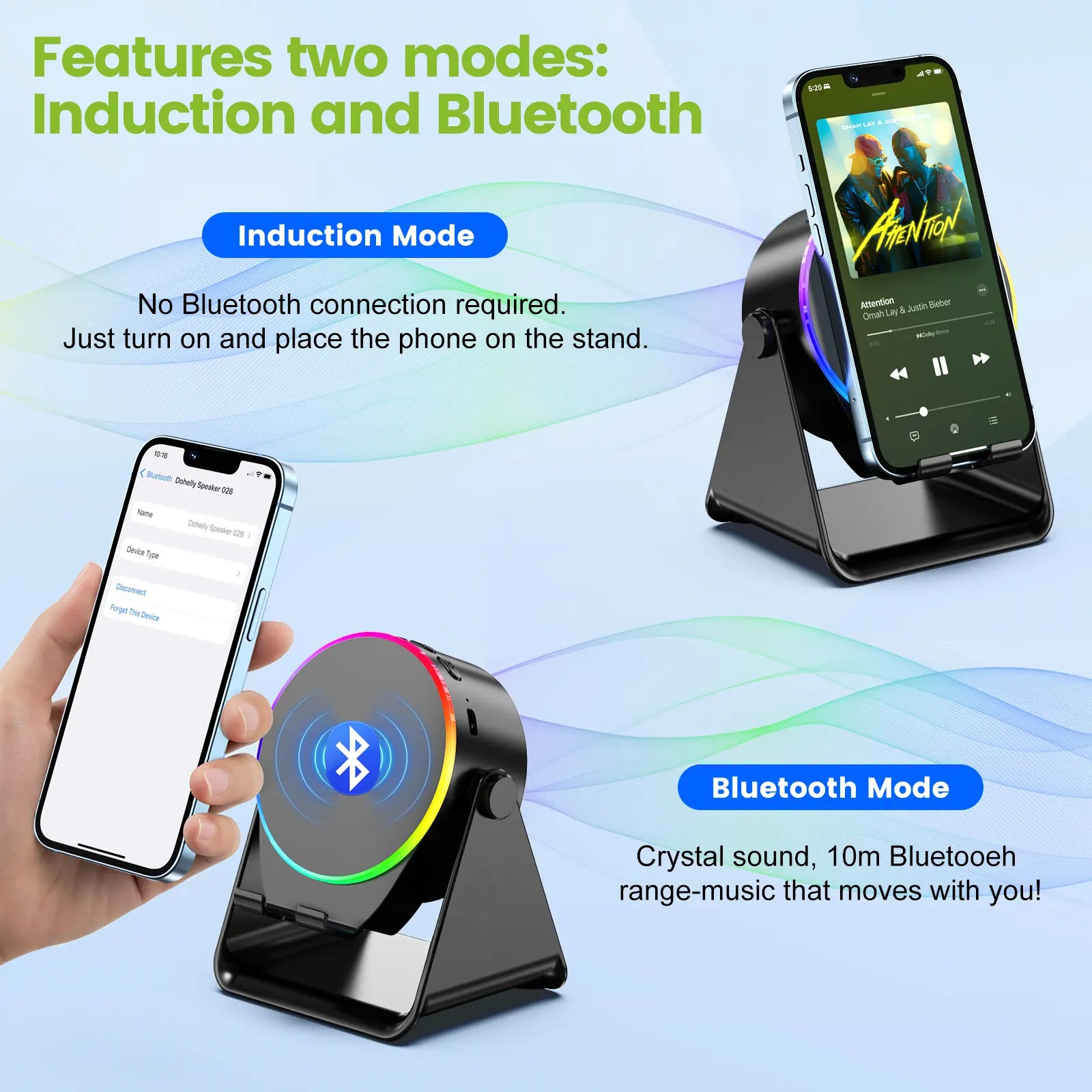 [Mother'S Day Gift] Dohelly 5 in 1 Wireless Induction Audio Bluetooth Speaker, 360° Rotation Stand with LED, Universal Speaker Stands for Surround Sound&Charger,Portable Desktop Stand Gift for Home, Shower, Outdoors, Travel. Gifts for Men Women