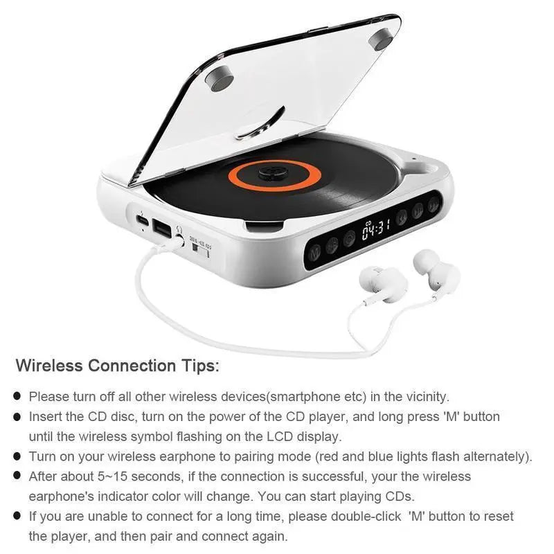 Portable Bluetooth CD Player with LED Display - Rechargeable Wireless Speaker for Home, Car, and Outdoor Use | Multi-Function USB/SD/AUX/FM Radio | Anti-Shock CD/DVD Player with Extended Battery Life