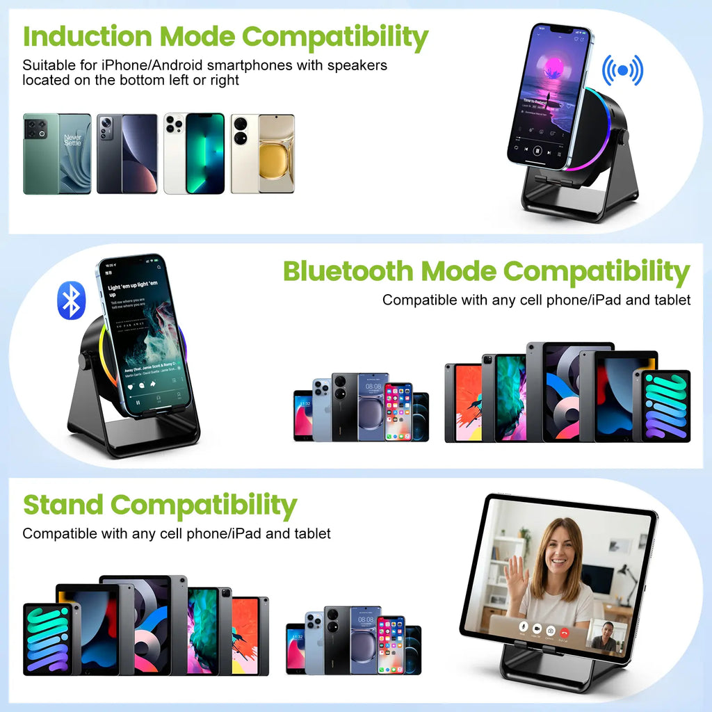 [Mother'S Day Gift] Dohelly 5 in 1 Wireless Induction Audio Bluetooth Speaker, 360° Rotation Stand with LED, Universal Speaker Stands for Surround Sound&Charger,Portable Desktop Stand Gift for Home, Shower, Outdoors, Travel. Gifts for Men Women