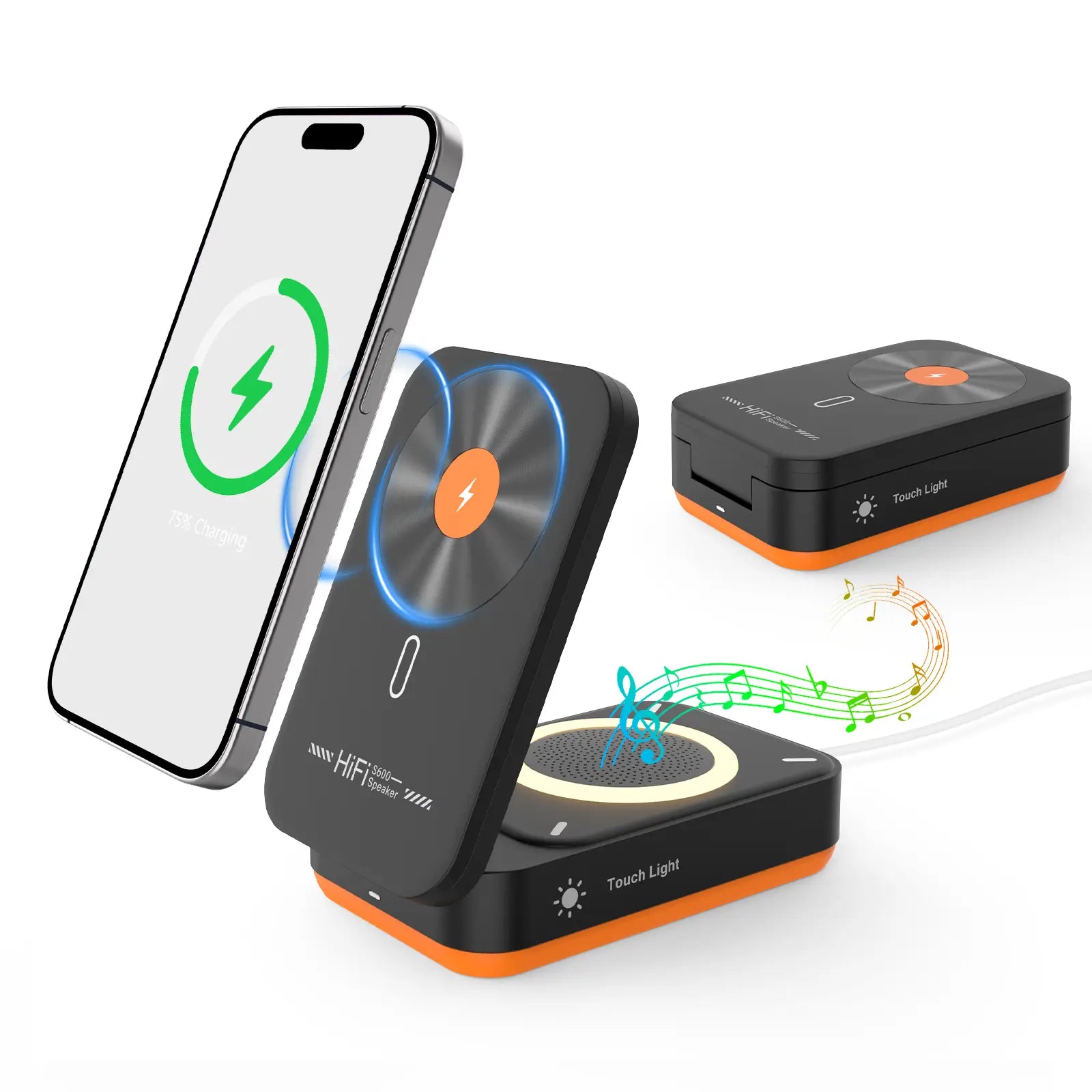 BLKE 3-in-1 Magnetic Wireless Charger with Bluetooth Speaker and Sleep-Friendly Light for iPhone 12-17 Pro Max - Multifunctional Foldable Charging Station