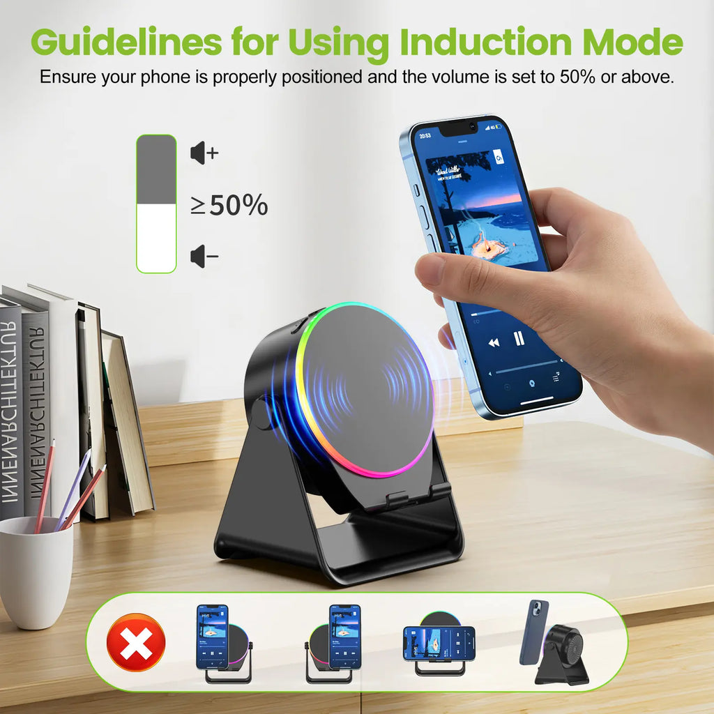 [Mother'S Day Gift] Dohelly 5 in 1 Wireless Induction Audio Bluetooth Speaker, 360° Rotation Stand with LED, Universal Speaker Stands for Surround Sound&Charger,Portable Desktop Stand Gift for Home, Shower, Outdoors, Travel. Gifts for Men Women