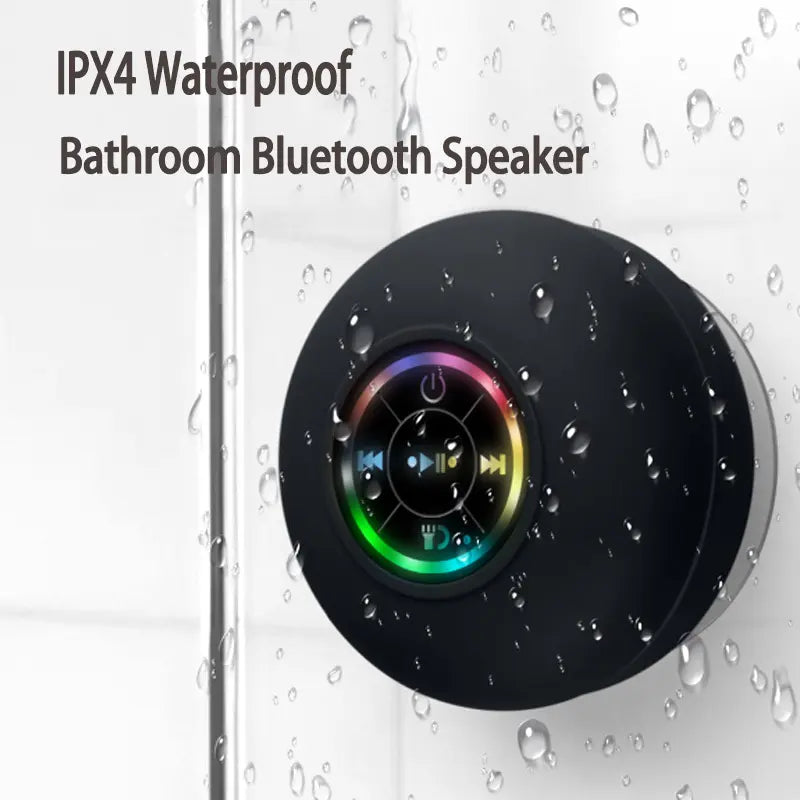 Portable Waterproof Bluetooth Speaker with Suction Cup and LED Lights - Rechargeable Wireless Speaker for Home, Bathroom, and Outdoor Use - Hands-Free Operation - Black