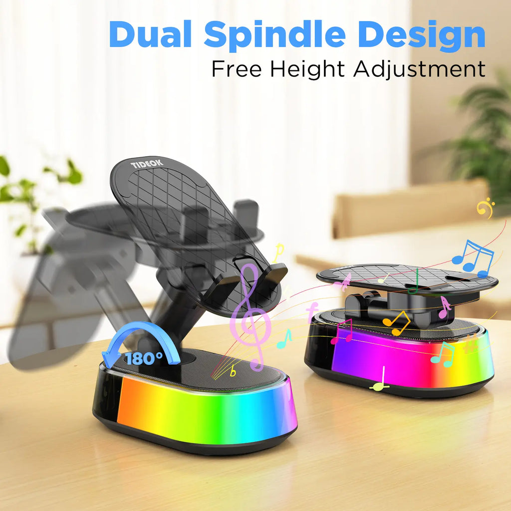 TIDEOK Wireless Bluetooth Speaker with Phone Holder, Emergency Charging, Smart Sensing, Colorful Ambient Lighting, 9D HD Surround Sound, Foldable and Rotatable Design for iPhone and Android Devices