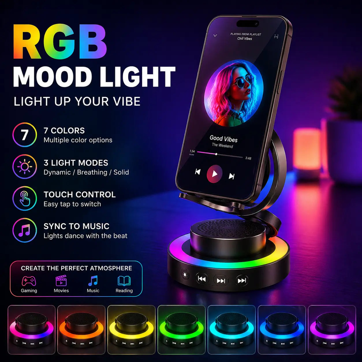 Wireless Speaker Phone Stand with BT Speaker Power Bank RGB Light Foldable for All Phones Bluetooth 5.3 Technology Adjustable Stand Vibrant Ambient Lighting Perfect Gift Choice Tiktokshopspringglowup