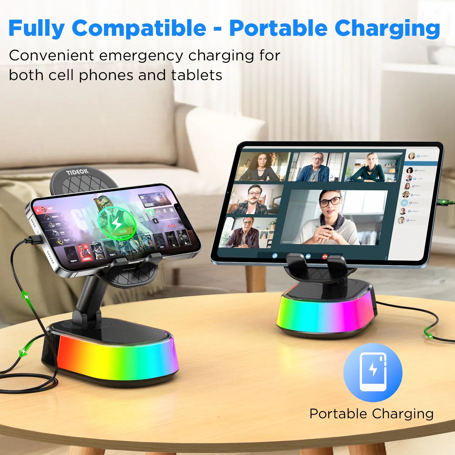 TIDEOK Wireless Bluetooth Speaker with Phone Holder, Emergency Charging, Smart Sensing, Colorful Ambient Lighting, 9D HD Surround Sound, Foldable and Rotatable Design for iPhone and Android Devices