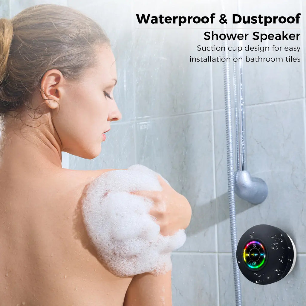 Portable Waterproof Bluetooth Speaker with Suction Cup and LED Lights - Rechargeable Wireless Speaker for Home, Bathroom, and Outdoor Use - Hands-Free Operation - Black