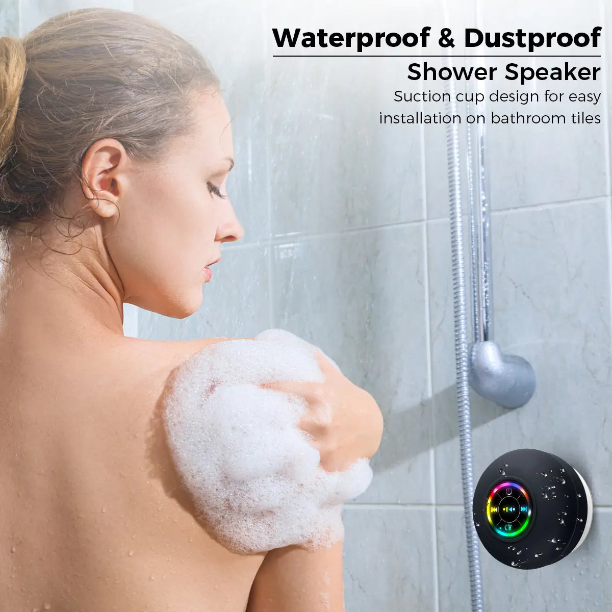 Portable Waterproof Bluetooth Speaker with Suction Cup and LED Lights - Rechargeable Wireless Speaker for Home, Bathroom, and Outdoor Use - Hands-Free Operation - Black