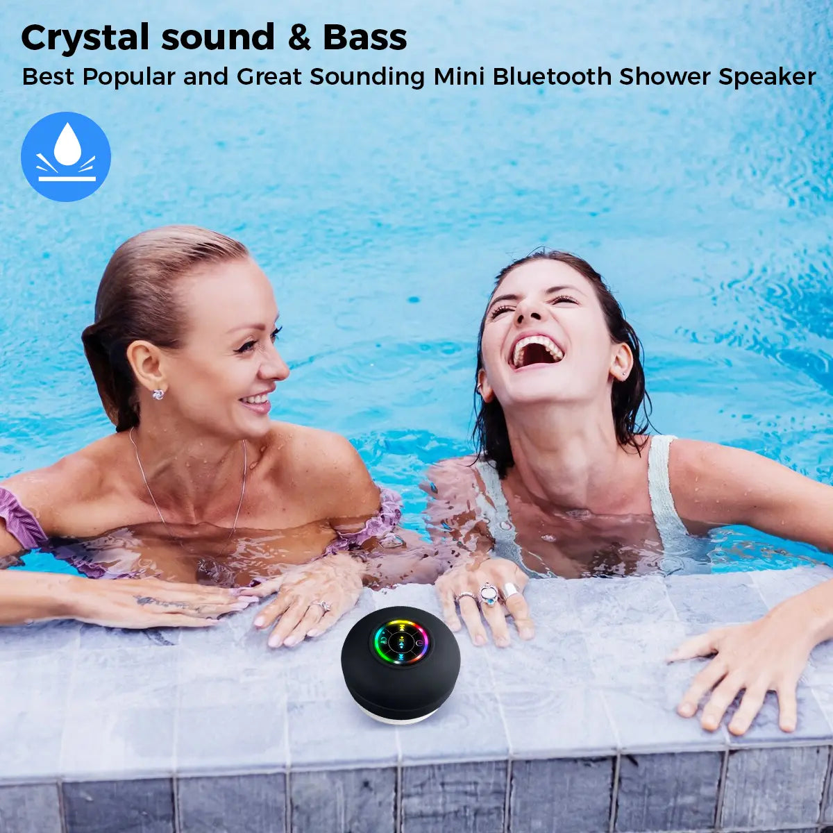 Portable Waterproof Bluetooth Speaker with Suction Cup and LED Lights - Rechargeable Wireless Speaker for Home, Bathroom, and Outdoor Use - Hands-Free Operation - Black