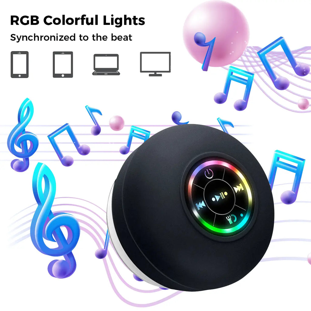 Portable Waterproof Bluetooth Speaker with Suction Cup and LED Lights - Rechargeable Wireless Speaker for Home, Bathroom, and Outdoor Use - Hands-Free Operation - Black