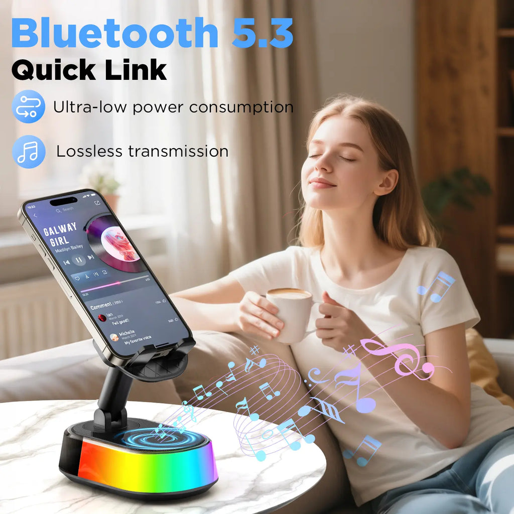 TIDEOK Wireless Induction Bluetooth Speaker with Integrated Phone Holder, Emergency Charging, Smart Sensing Technology, RGB Nightlight, and Audio Wireless 5.3 for Tablets, iPhones, and Android Devices - Portable Speaker for Outdoor and Home Use