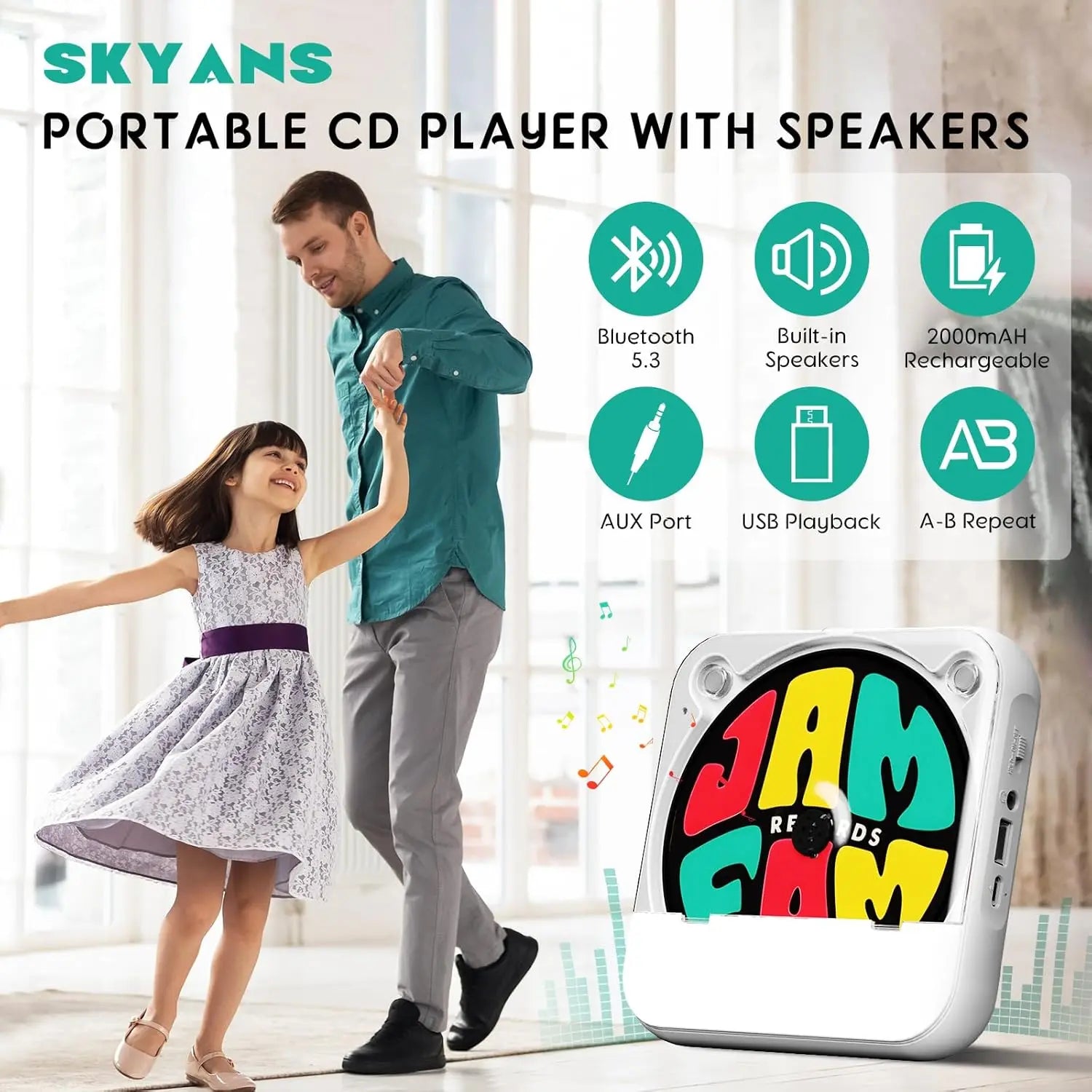 Portable Bluetooth CD Player with LED Display - Rechargeable Wireless Speaker for Home, Car, and Outdoor Use | Multi-Function USB/SD/AUX/FM Radio | Anti-Shock CD/DVD Player with Extended Battery Life