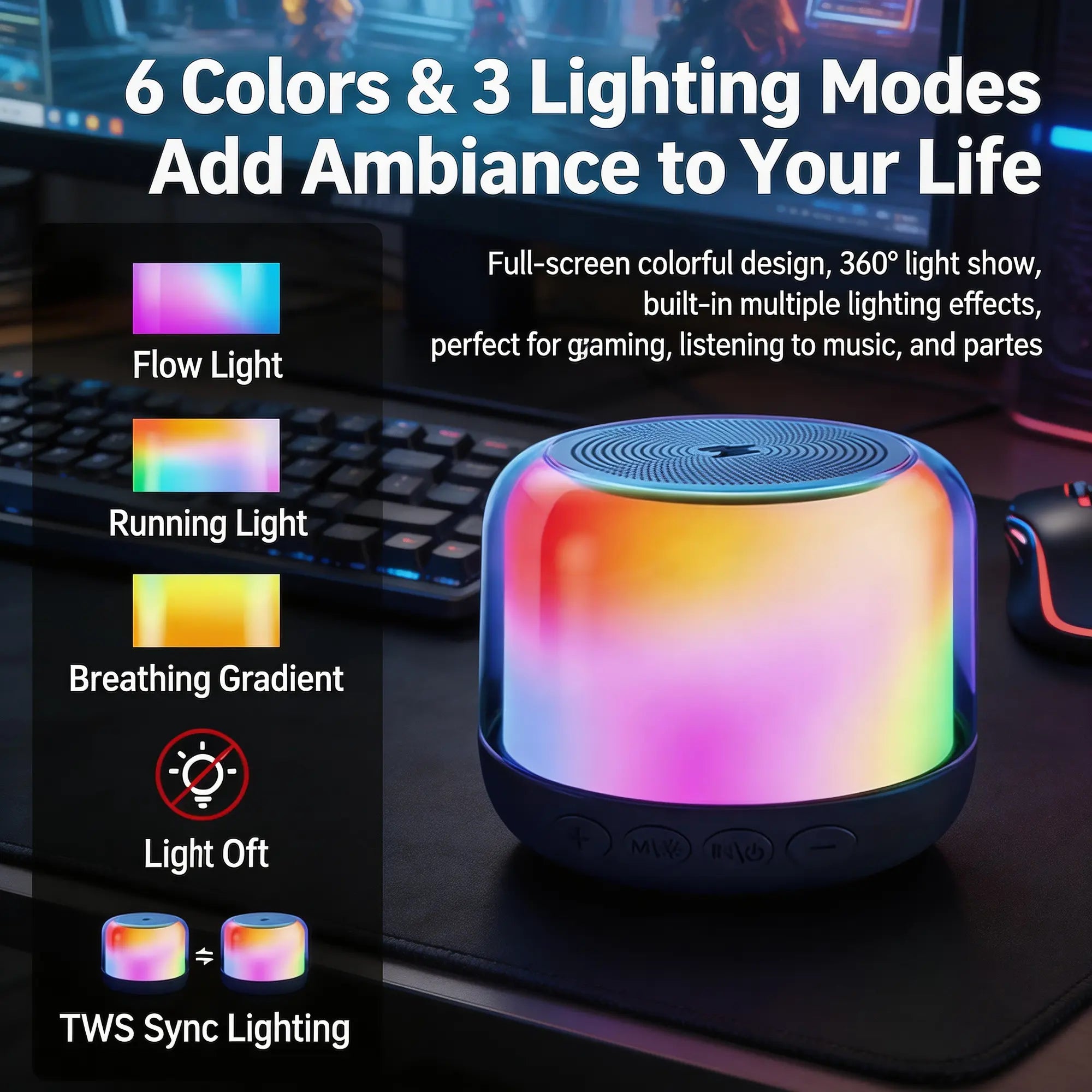 HP Mini Portable Bluetooth Speaker Wireless TWS Stereo Sound with RGB LED Light up Loud Audio for Room Decor Party Gift