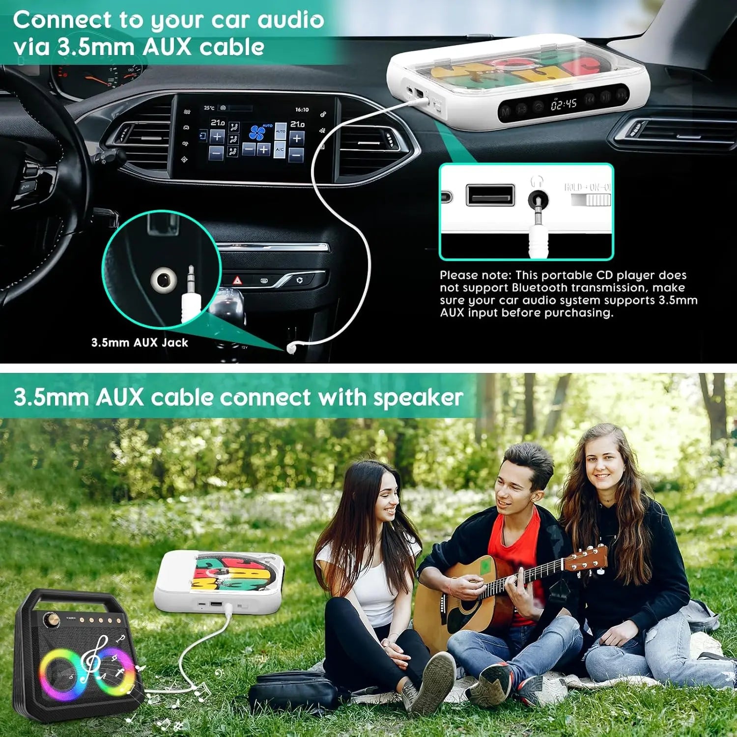 Portable Bluetooth CD Player with LED Display - Rechargeable Wireless Speaker for Home, Car, and Outdoor Use | Multi-Function USB/SD/AUX/FM Radio | Anti-Shock CD/DVD Player with Extended Battery Life
